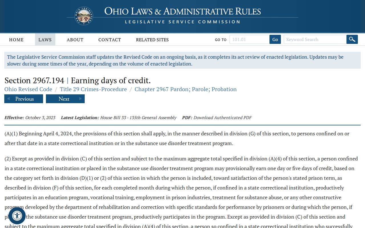 Ohio earned-credit statute used in Summit County prison release-date calculations