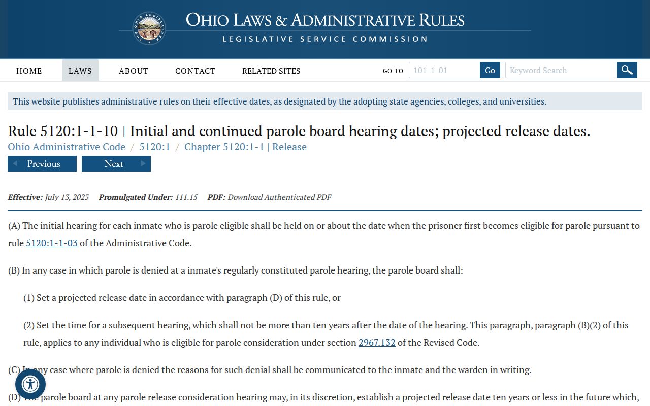 Ohio Parole Board rule affecting Summit County projected release dates